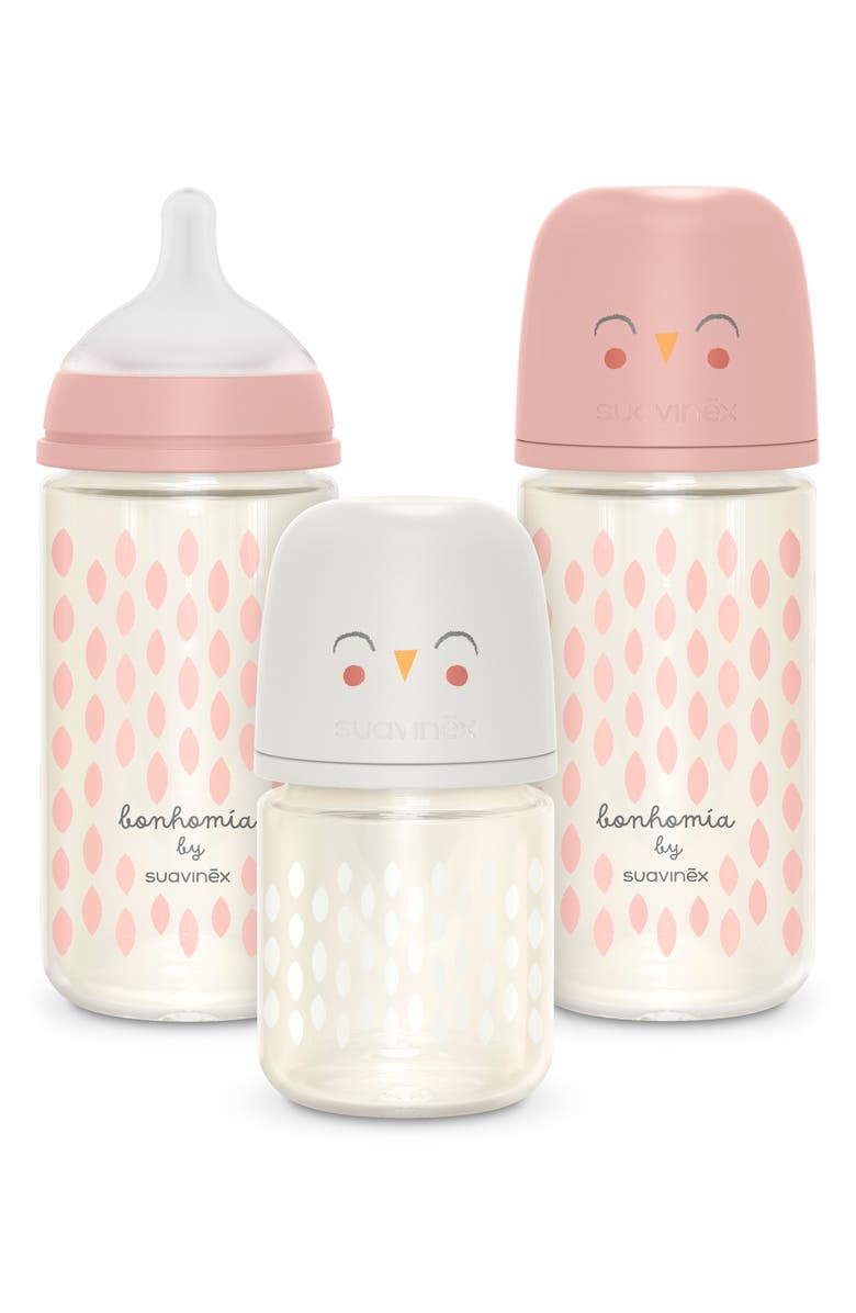 Suavinex Bonhomia 3-Pack Glass Feeding Bottles & SX PRO Silicone Nipple, Main, color, Beige/Pink