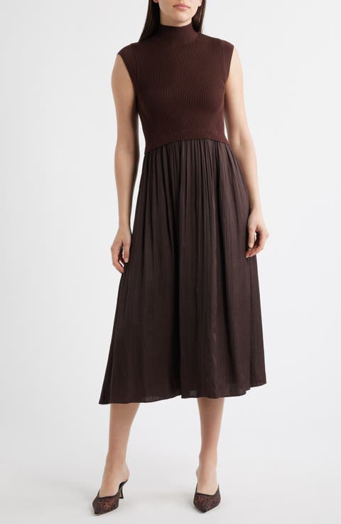 Mixed Media Rib Funnel Neck Midi Dress