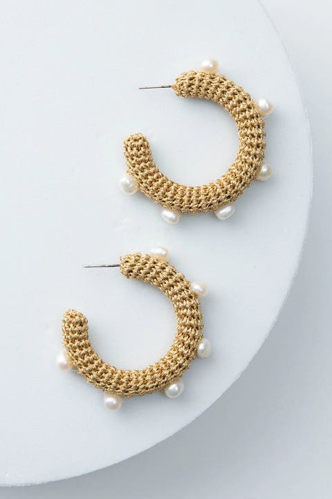 Golden Crochet Pearl Hoops