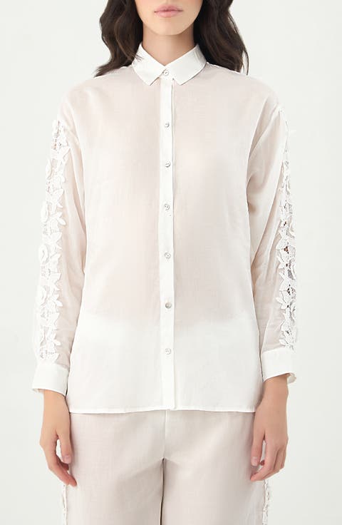 Marcia Lace Inset Semisheer Cover-Up Button-Up Shirt