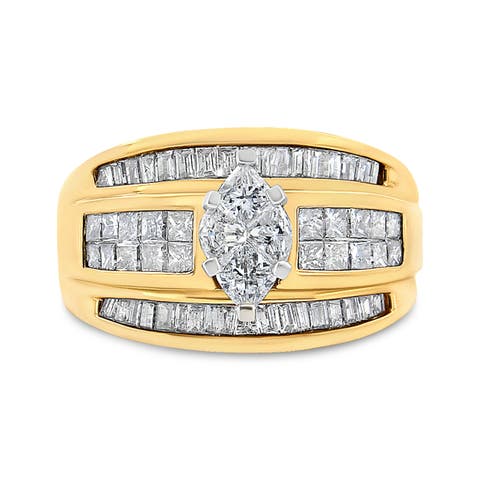 14K Yellow Gold 1 1/2 Cttw Pie, Princess and Baguette-cut Diamond Marquise Shaped Engagement Cocktail Ring Band