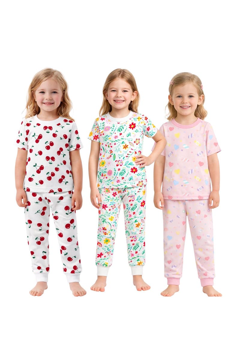 BenBen Kids 3 Pack Pajamas Snug Fitted Short Sleeve Sleepwear Sets, Alternate, color, Red/White/Purple