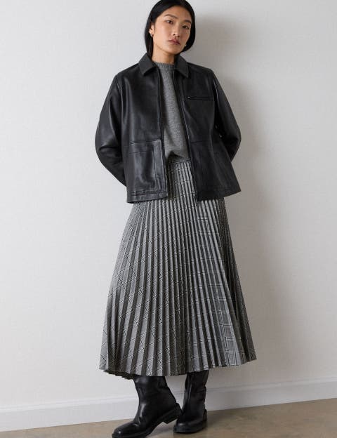 Check Pleated Midi Skirt
