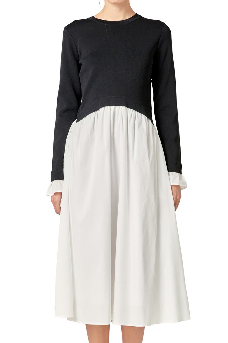 Twofer Long Sleeve Mixed Media Midi Dress, Alternate, color, BLACK/ WHITE