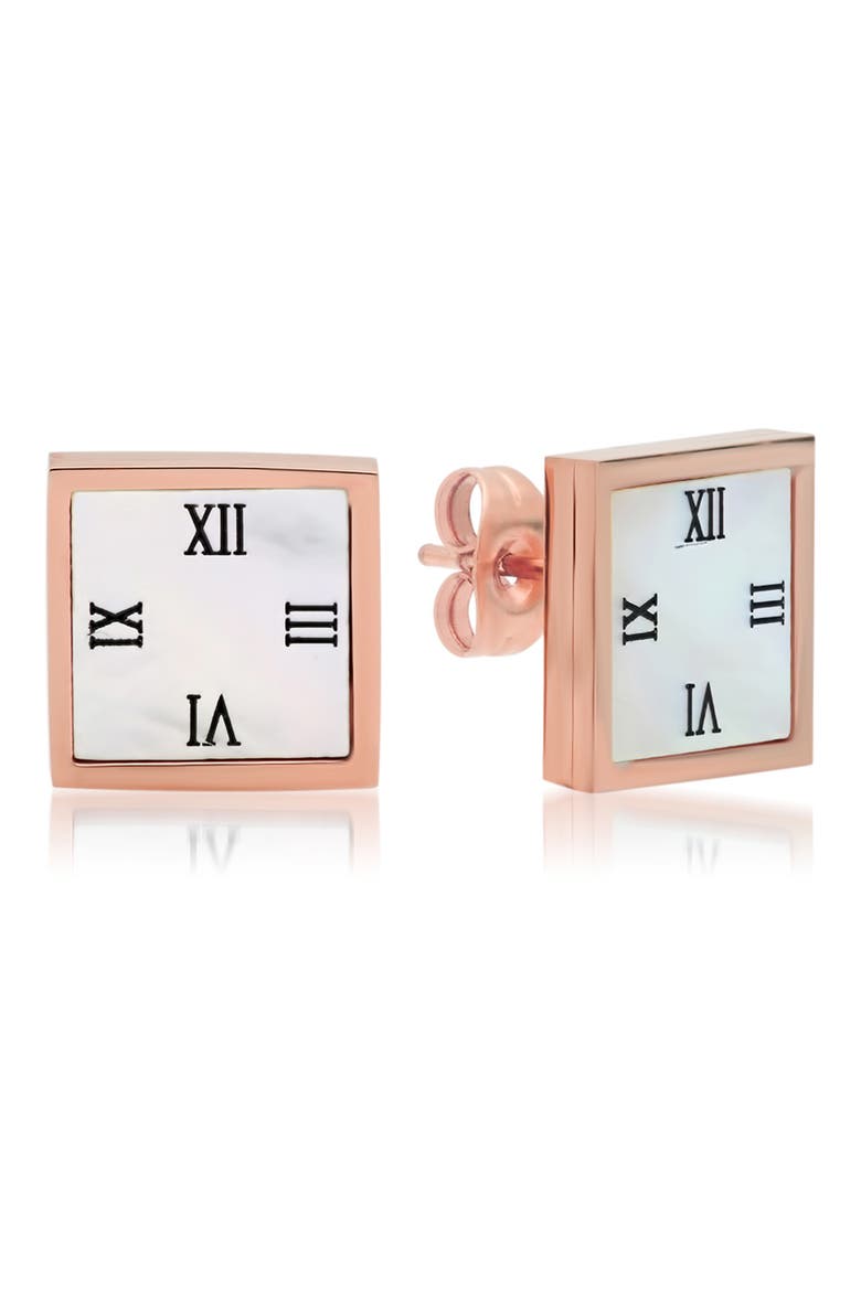 18K Rose Gold Plated Stainless Steel Roman Numeral Square Stud Earrings, Main, color, ROSE