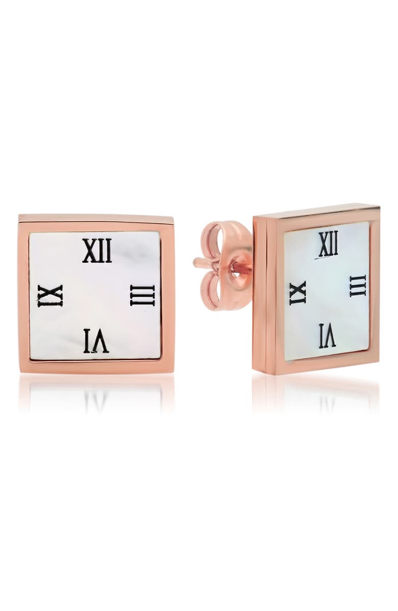 HMY JEWELRY 18K Rose Gold Plated Stainless Steel Roman Numeral Square Stud Earrings, Main, color, 