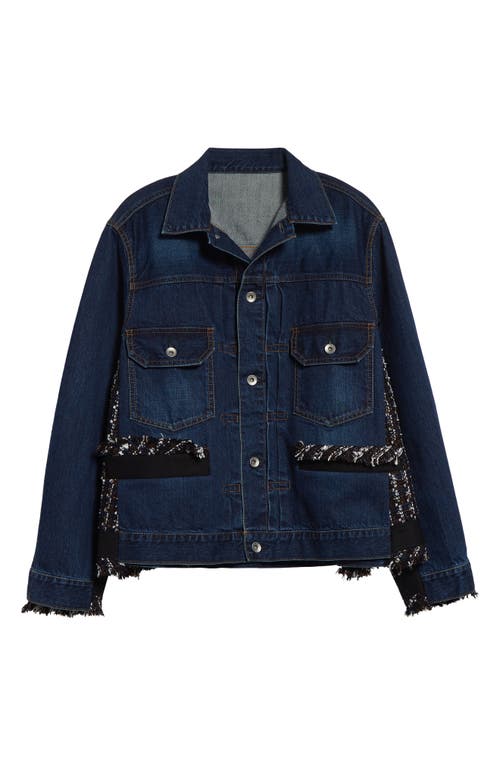 Sacai Mixed Media Denim & Tweed Trucker Jacket In Blue/navy 405