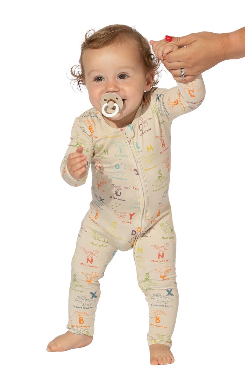 Bellabu Bear Kids' Dino ABC Fitted One-Piece Convertible Pajamas, Alternate, color, Beige