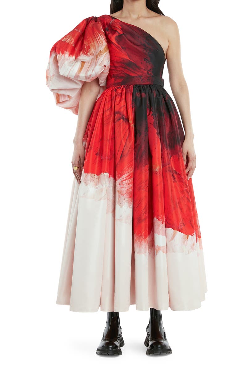 McQueen Alexander McQueen Anemone Print One-Shoulder Puff Sleeve Faille Dress, Main, color,