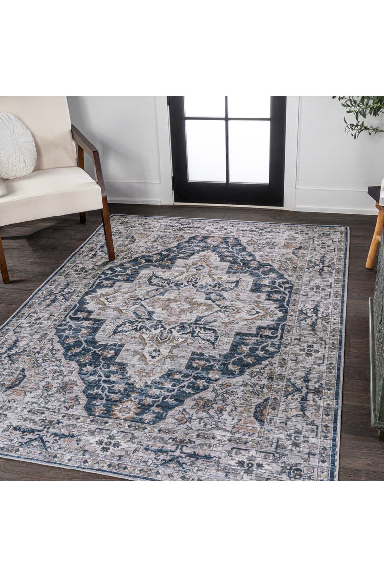 Didim Boho Gray Medallion Machine-Washable Area Rug, Alternate, color, Navy/Light Gray