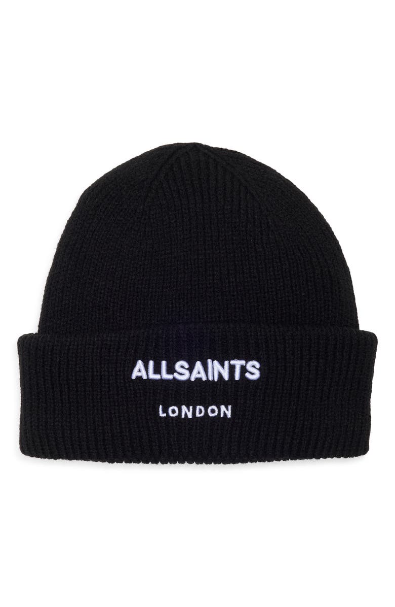 AllSaints Embroidered Logo Cuffed Beanie, Main, color, Black