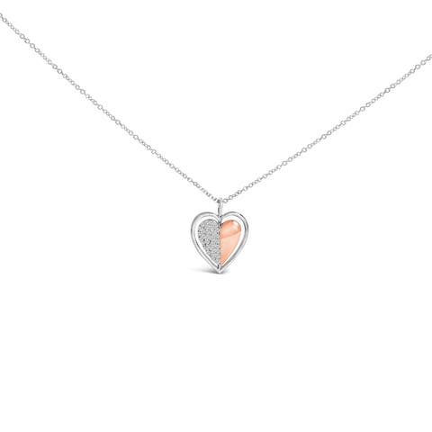 10K Rose Gold Plated Sterling Silver 1/5 Cttw Diamond Two-Tone Heart Pendant Necklace
