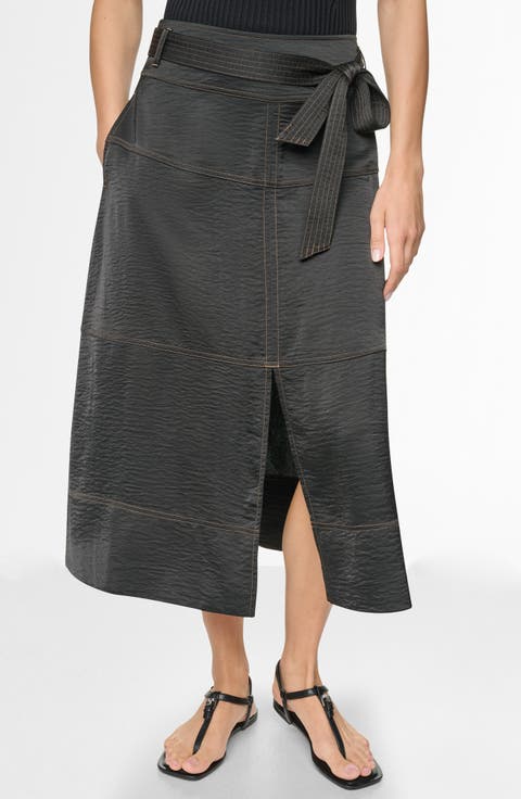 Tie Waist Contrast Stitch Midi Skirt