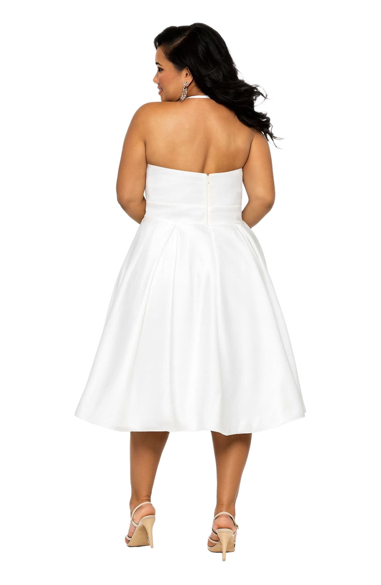white tea party dress plus size Xpluswear Design Plus Size Cocktail Party White Round Neck Cap Sleeve Short Sleeve Sequin Midi Dresses