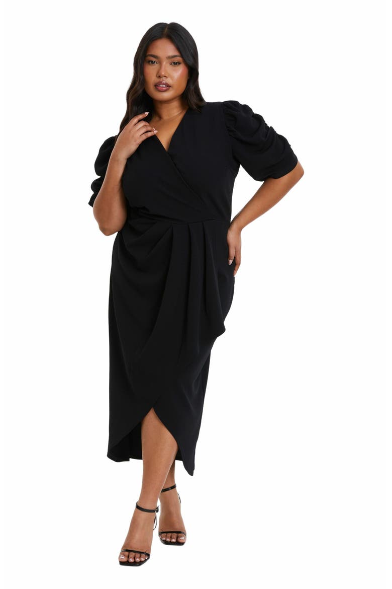 Wrap Pleated Ruched Sleeve Midi Dress, Main, color, Black