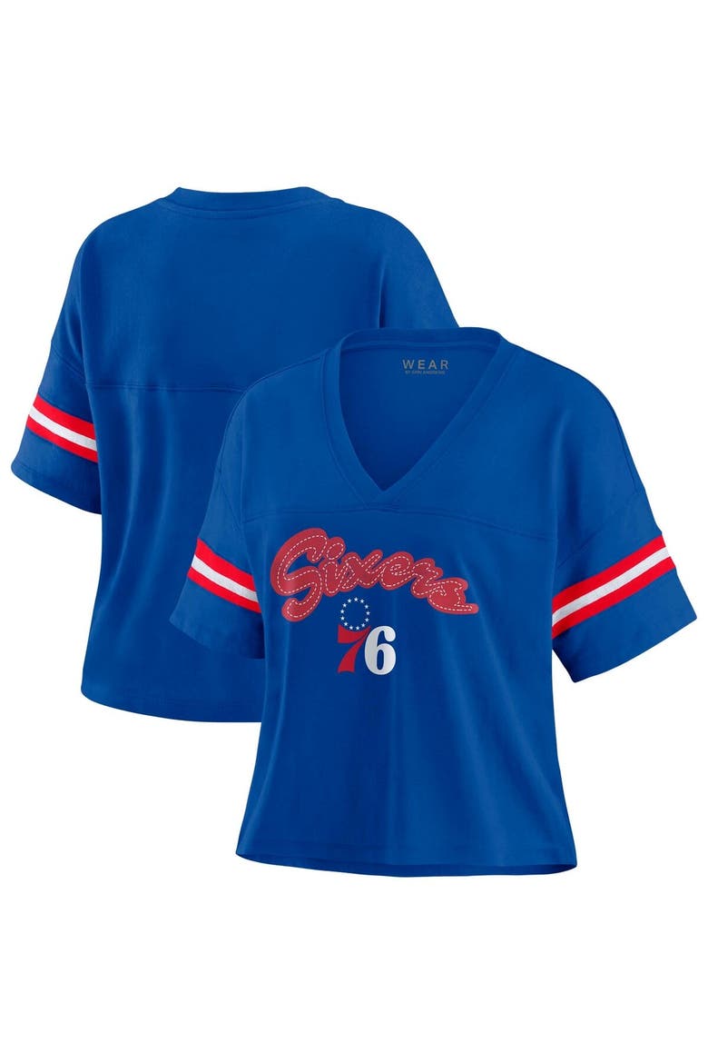 Women's WEAR by Erin Andrews Royal Philadelphia 76ers Plus Size Color Block Boxy V-Neck T-Shirt, Alternate, color, Royal