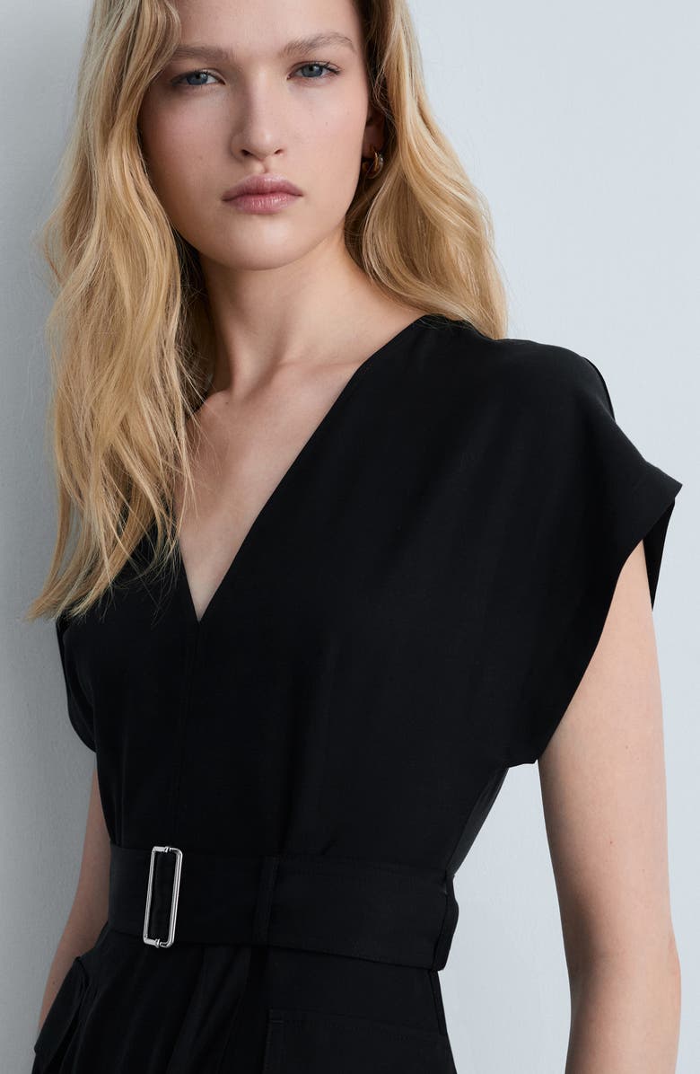 MANGO Belted Asymmetric Hem Midi Dress, Alternate, color, Black