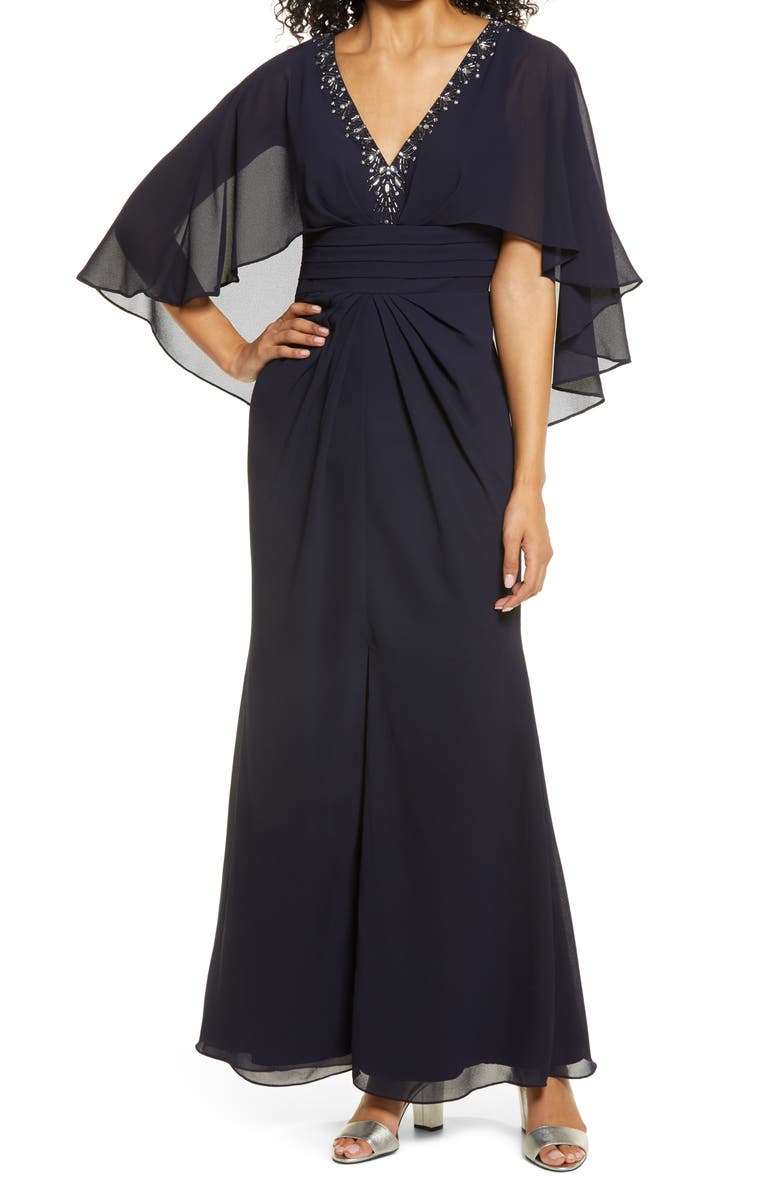 Vince Camuto Beaded Neckline Capelet Gown, Main, color, Navy