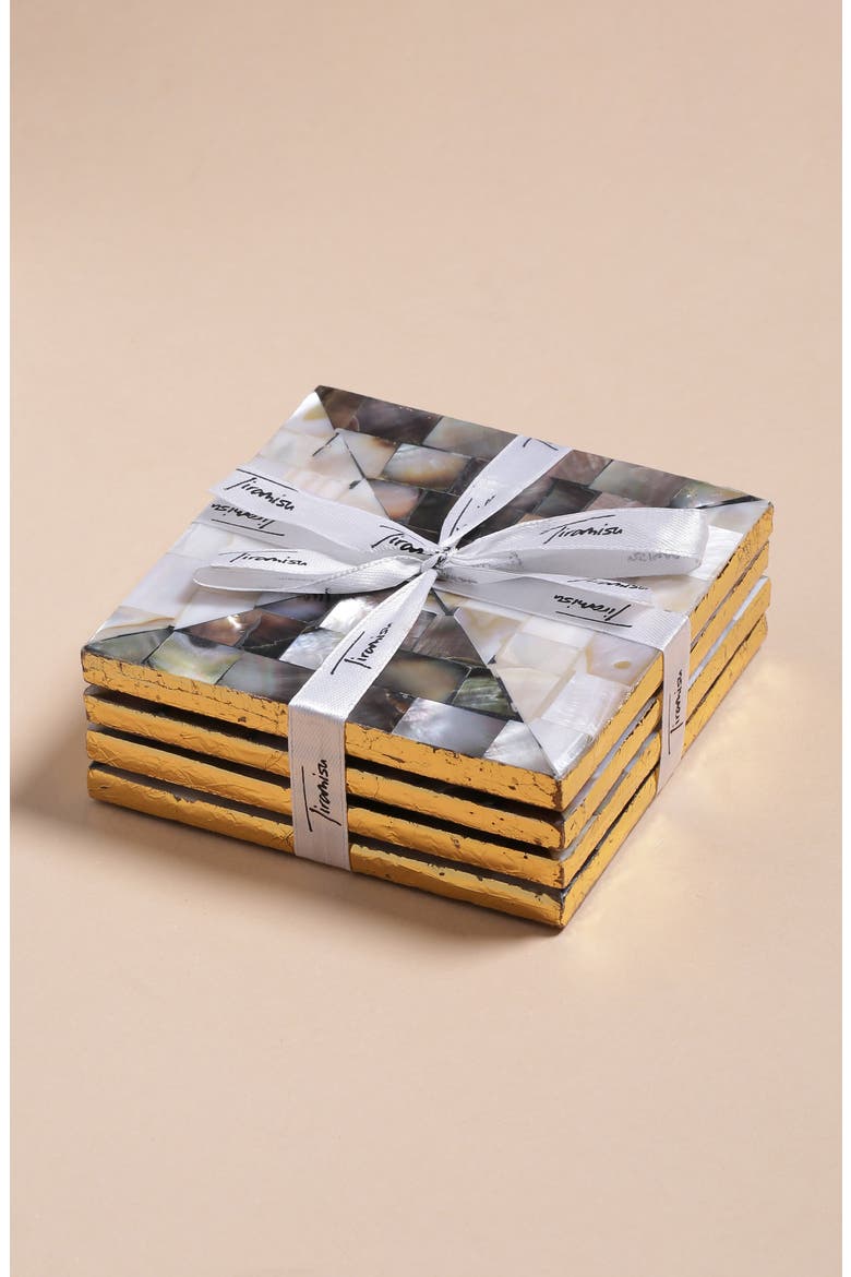 Set of 4 Mother of Pearl Resin Coasters, Alternate, color, GREY/ WHITE