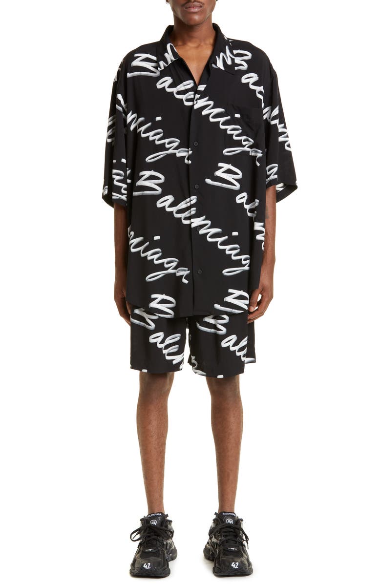 Balenciaga Men's Scribble Print Logo Shorts, Alternate, color,