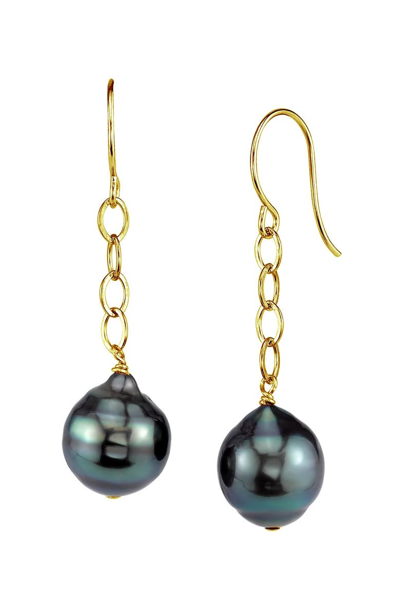 Tahitian South Sea Baroque Pearl Dangling Tincup Earrings, Main, color, Yellow Gold Fill
