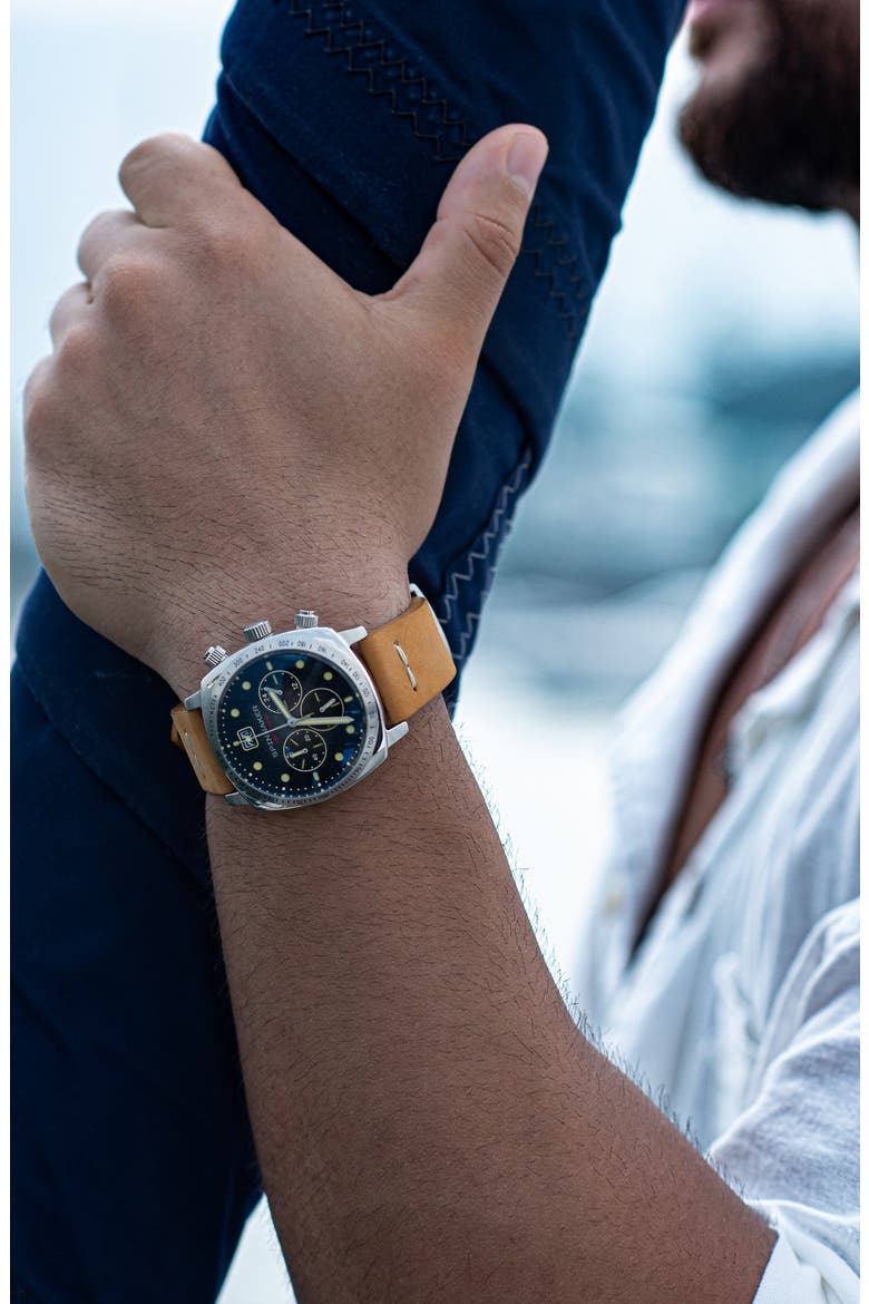 Hull Chronograph Leather Strap Watch, 42mm, Alternate, color, BLACK BLUE DIAL