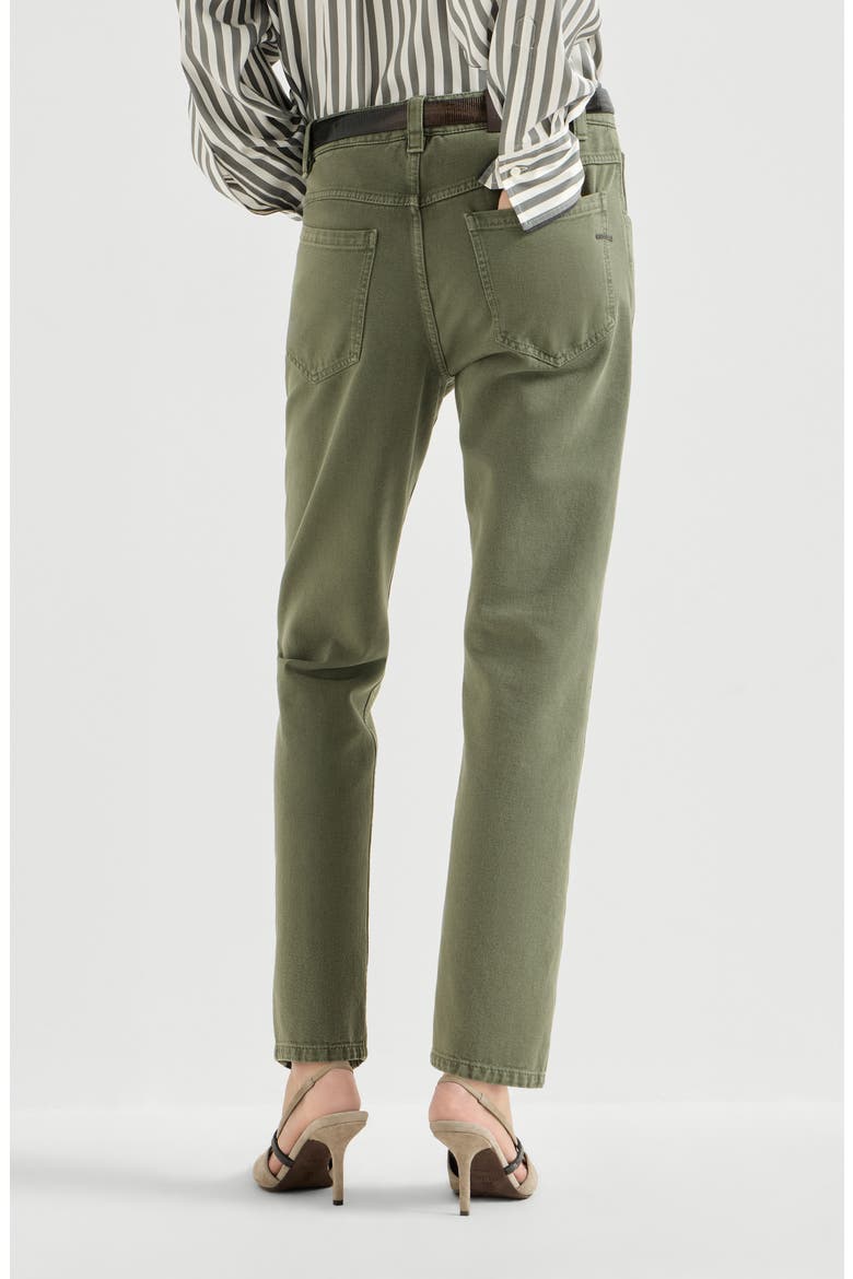 Dyed denim five-pocket straight trousers with shiny bartack, Alternate, color, Green