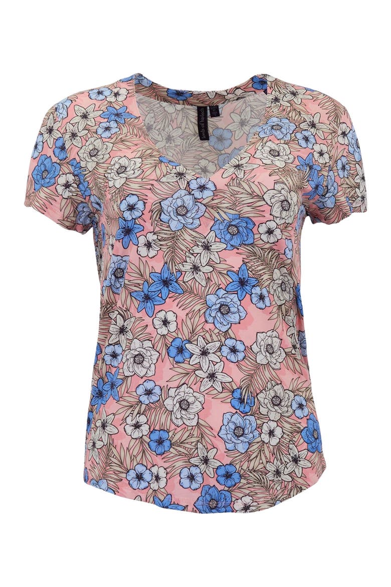 Tropical Mix Womens V-neck Printed Top, Alternate, color, TROPICAL MIX CORAL