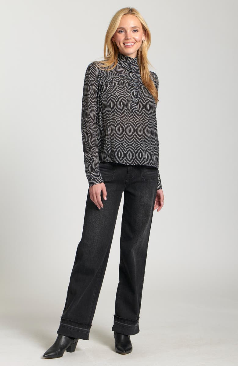 APNY Ruffle Half-Placket Shirt, Alternate, color, Black/ White