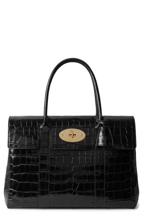 Small Bayswater Shiny Croc Embossed Leather Satchel