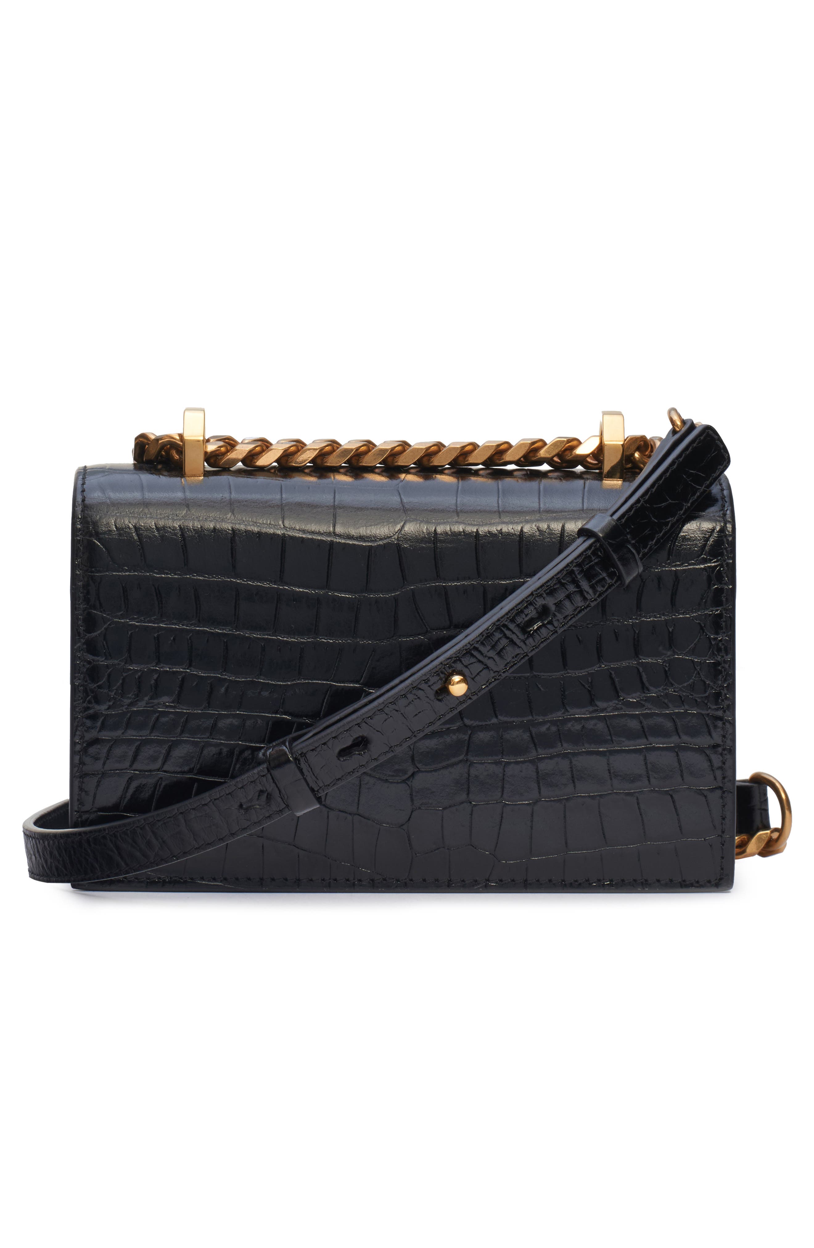 McQueen Alexander McQueen Jewelled Knuckle Croc Embossed Leather Crossbody Bag, Alternate, color, Black/ Gold