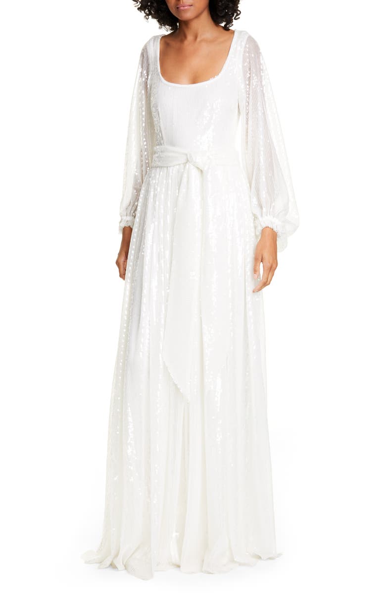 STAUD Pearl Sequin Balloon Sleeve Maxi Dress, Main, color,