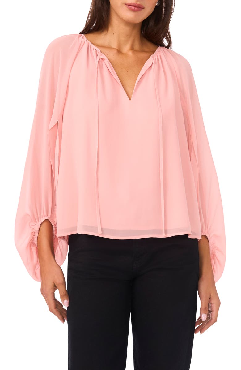 Vince Camuto Sheer Sleeve Tie Neck Top, Main, color, Sepia Rose
