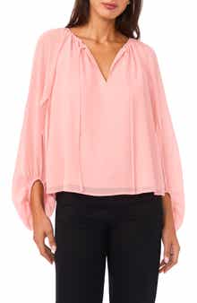Vince Camuto Sheer Sleeve Tie Neck Top