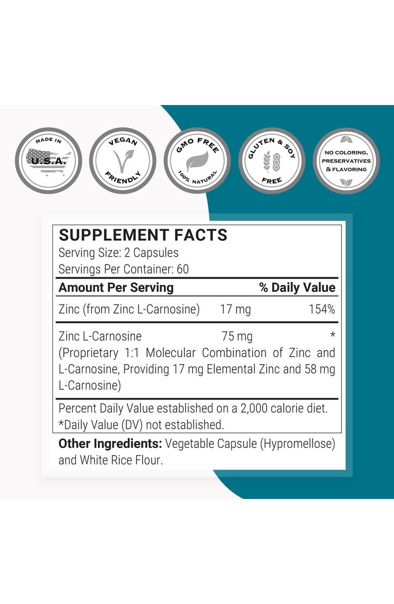 SuperSmart Zinc L-Carnosine 75mg, Alternate, color, NO COLOR