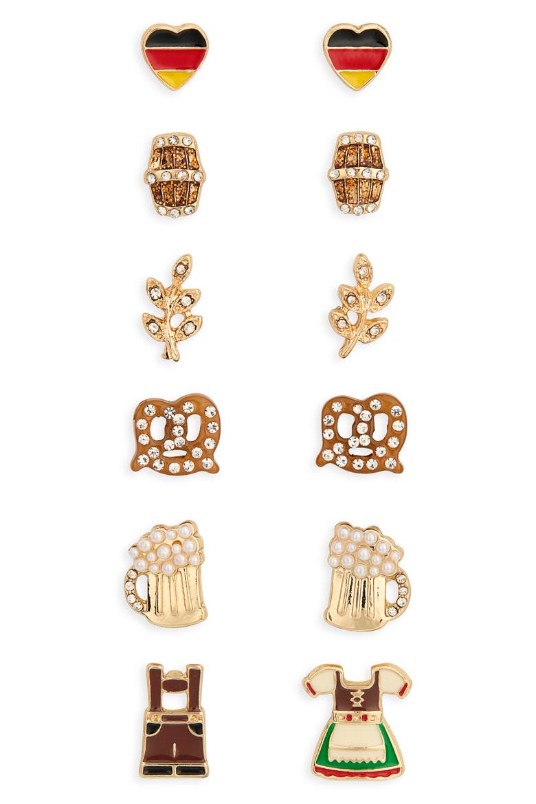 Set of 6 Lederhosen Stud Earrings, Main, color, GOLD MULTI