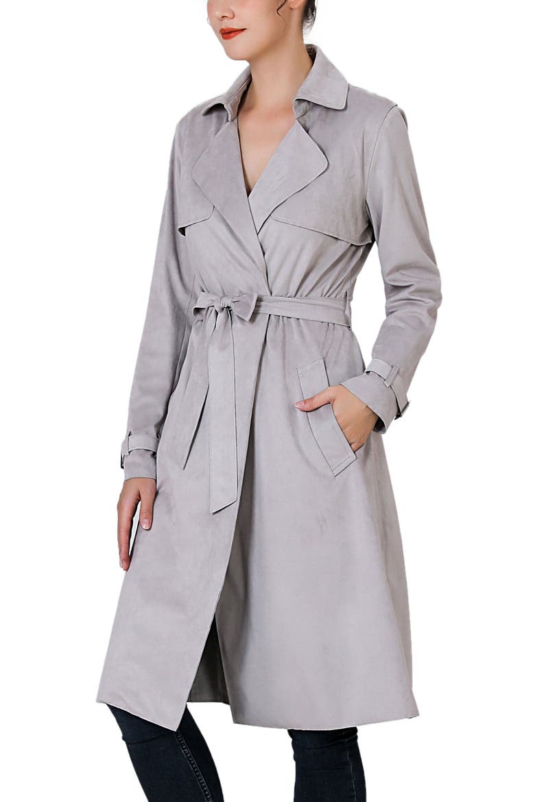 Women's Aria Long Faux Suede Trench Coat, Alternate, color, Gray