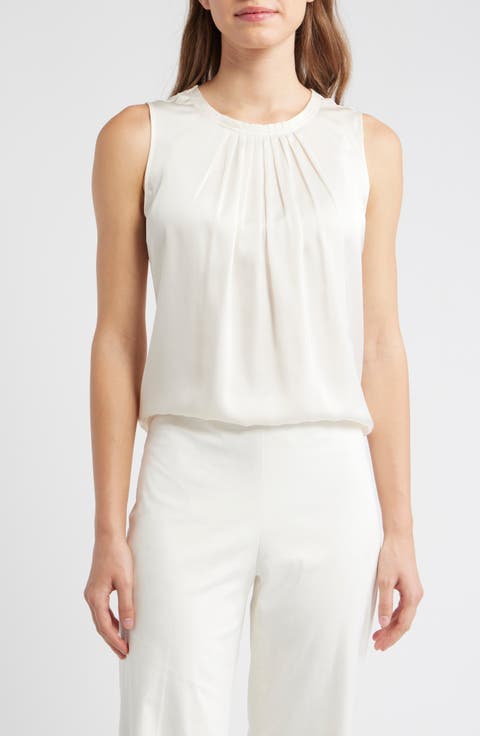 Pleated Jewel Neck Sleeveless Top