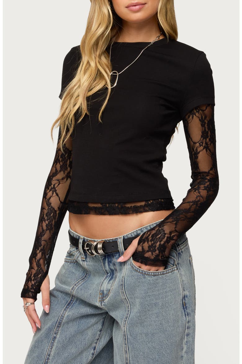 Layered Lace Sleeve T-Shirt, Alternate, color, BLACK