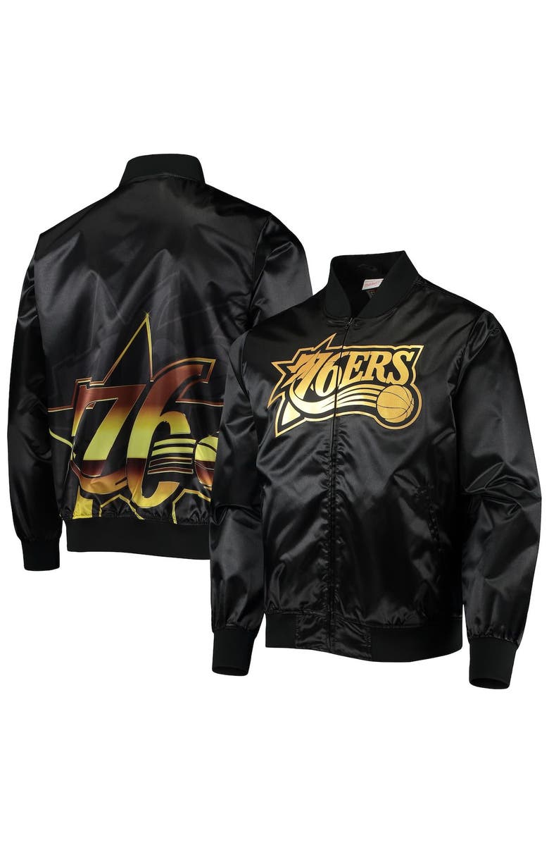 Mitchell & Ness Men's Mitchell & Ness Black Philadelphia 76ers Big Face 4.0 Satin Full-Zip Jacket, Main, color, 