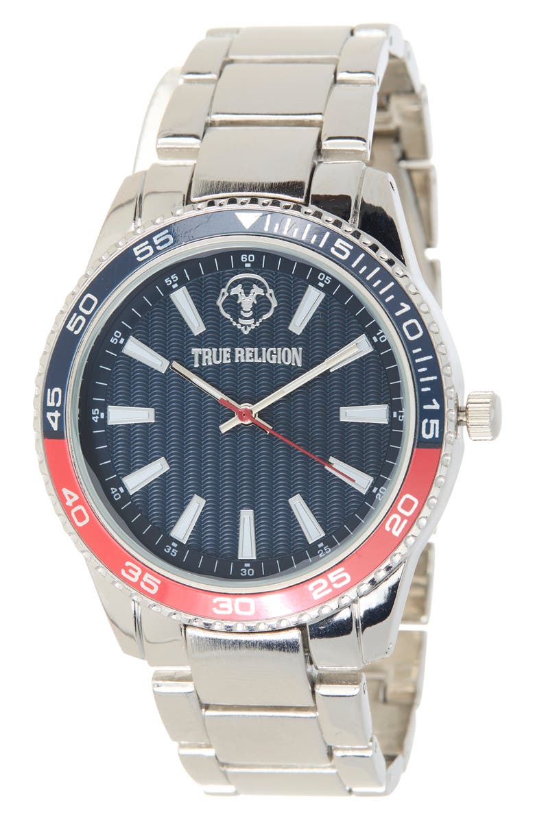 True Religion Logo Bracelet Watch, 43mm, Main, color, Silver