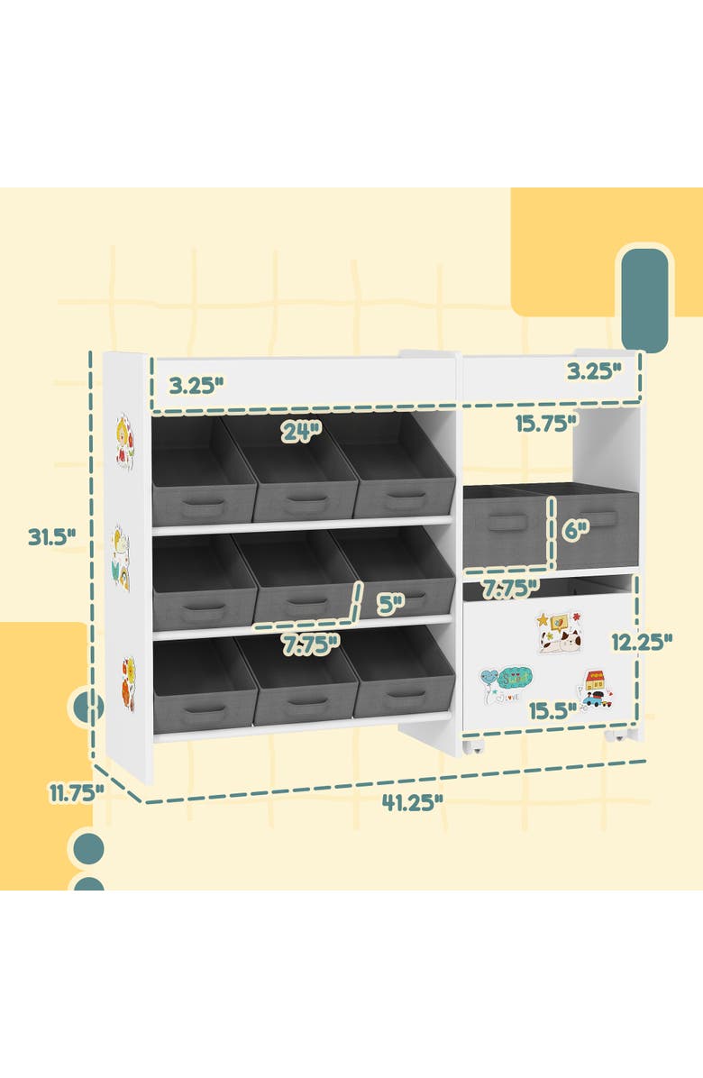 Qaba Toy Storage Organizer with Shelves and Fabric Bins Moveable Cabinet and Stickers Toy Organizer for Nursery Playroom Bedroom, Alternate, color, White