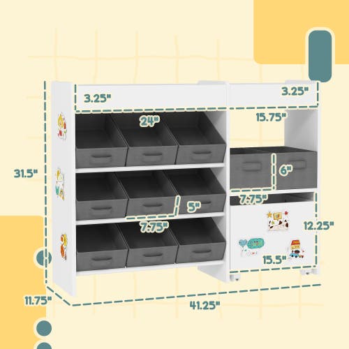 Qaba Toy Storage Organizer With Shelves And Fabric Bins Moveable Cabinet And Stickers Toy Organizer In White