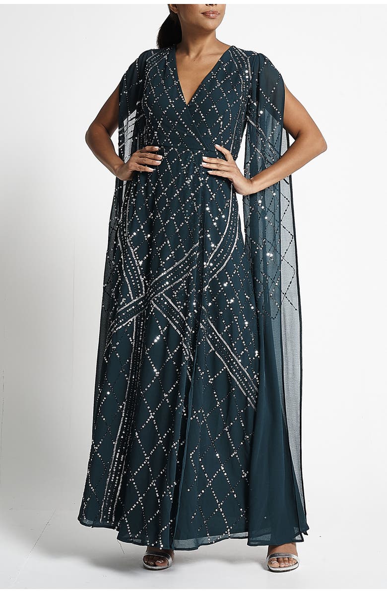 Frock and Frill Cape Sleeve Maxi Gown with Tonal Embellishment, Alternate, color, 