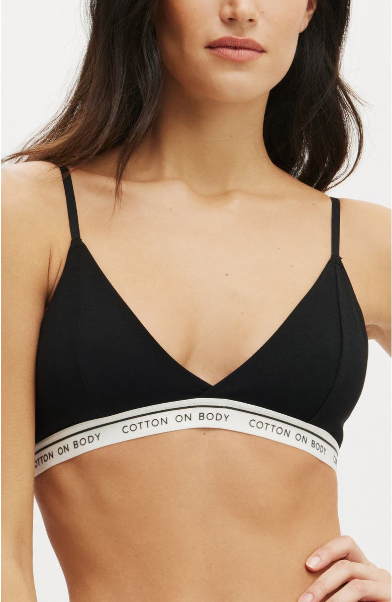 COTTON ON BODY Women's Branded Cotton Cross Over Bralette, Main, color, Black