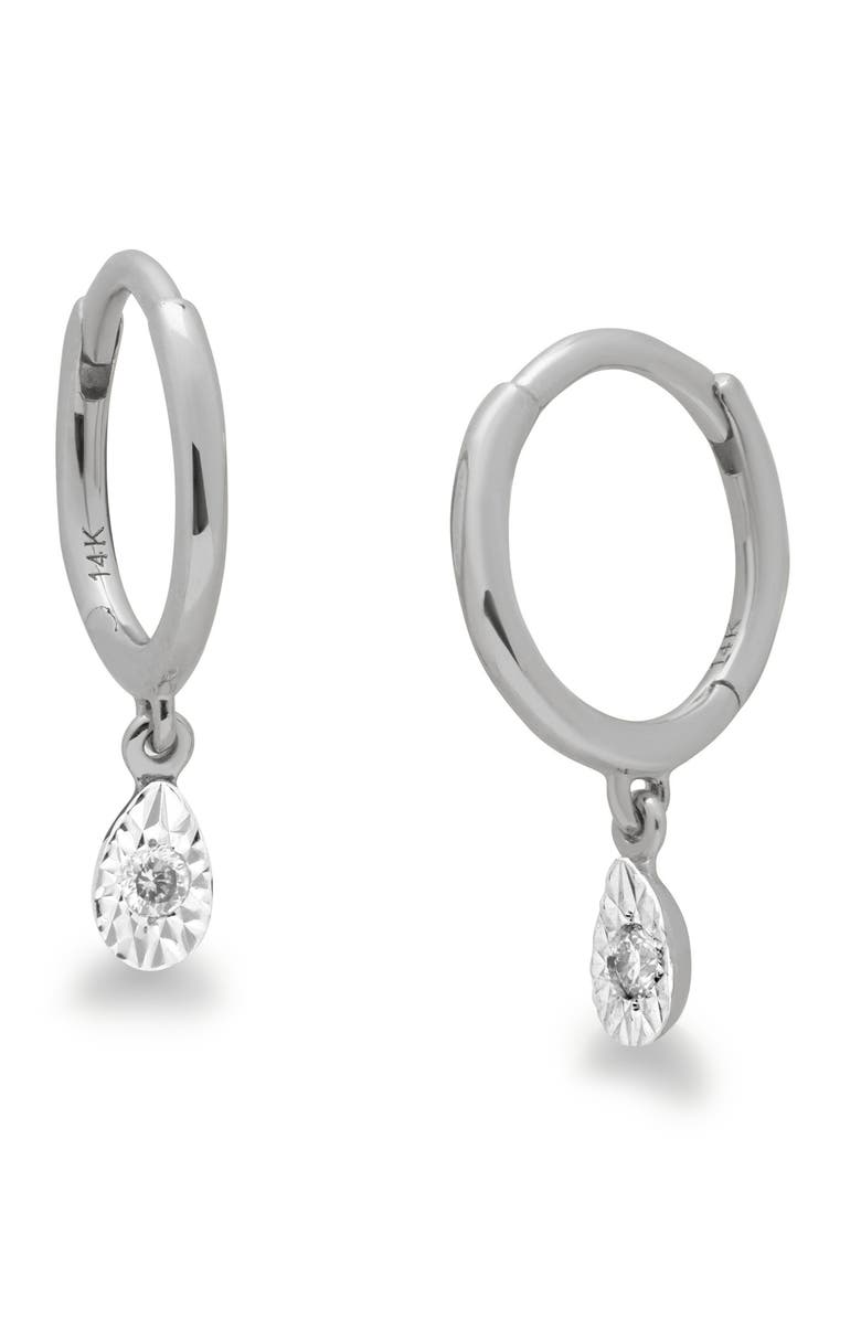 Monica Vinader Teardrop Diamond Mini Huggie Hoop Earrings, Main, color, 14K Solid White Gold / Diamond