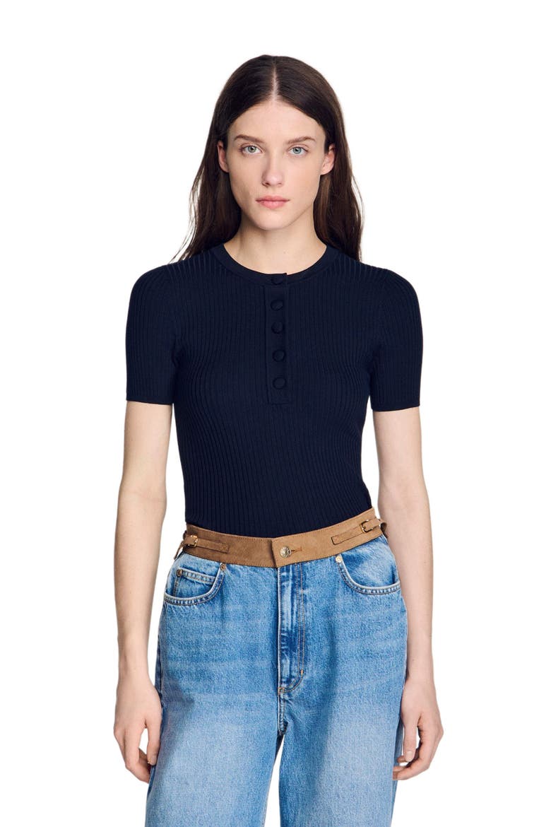 Ribbed short-sleeved sweater, Main, color, Navy blue