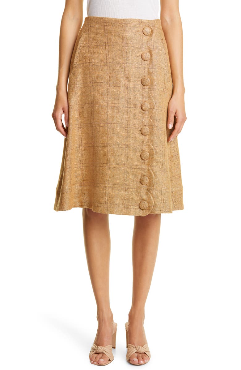 Lisa Marie Fernandez Scallop Placket Linen Blend Midi Skirt, Main, color, Natural Windowpane Basketweave