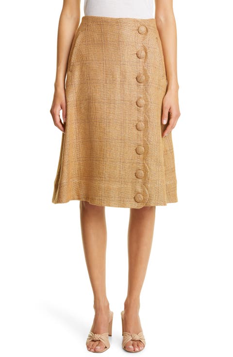 Scallop Placket Linen Blend Midi Skirt