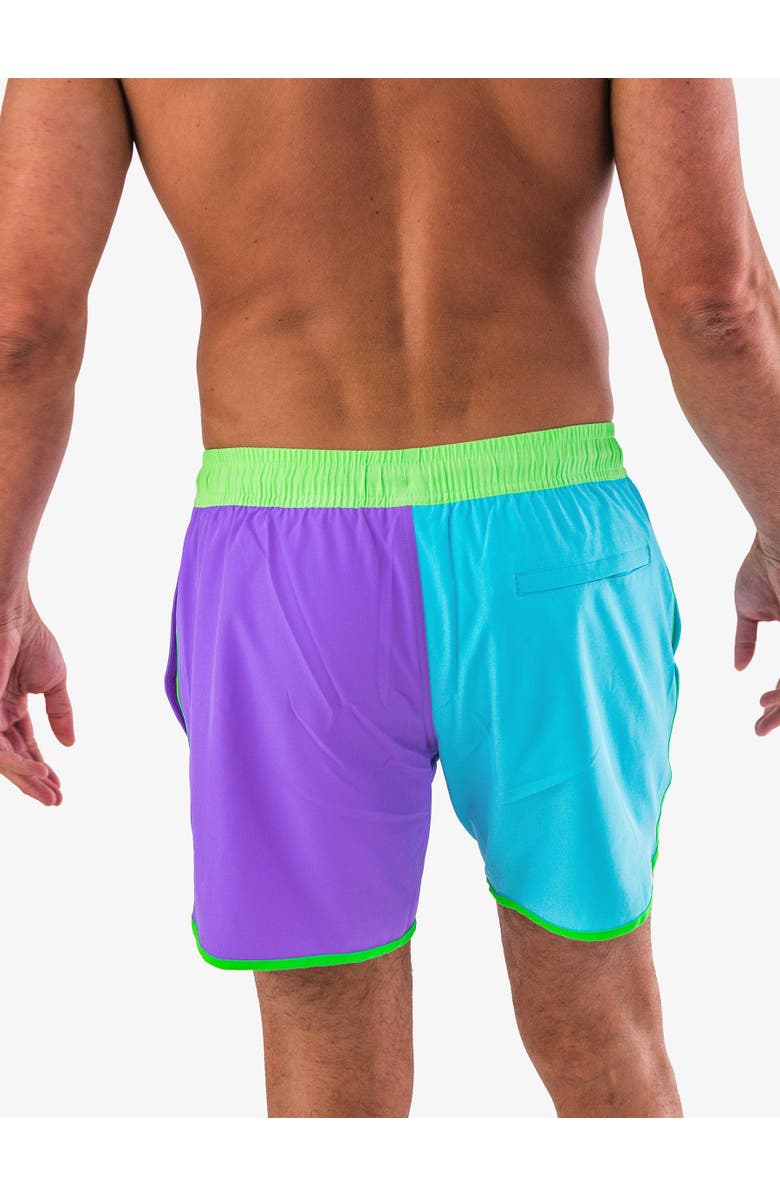 RuggedButts UPF50+ Sun Protected Men's Stretch Dolphin Hem Swim Trunks, Alternate, color, Neon Bright Aqua Color Block